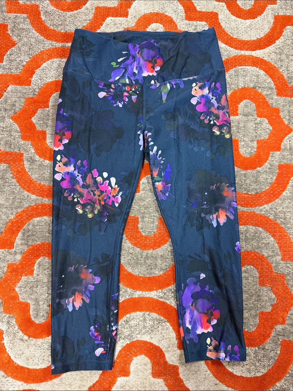 RBX Navy Floral High-Rise Leggings with Purple Accents